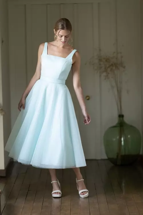 Lettie M515 Polka Dot Tulle Square Neck Tea Length Dress True Bridesmaids